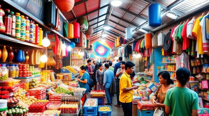 Pasar yang ramai dengan produk berwarna-warni dan interaksi.